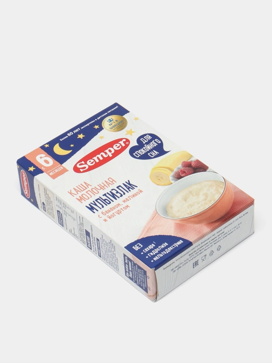 Ko'p donli sutli bo'tqasi Semper, banan, malina, yogurt, 9 oydan tinch uyqu uchun, 180 g