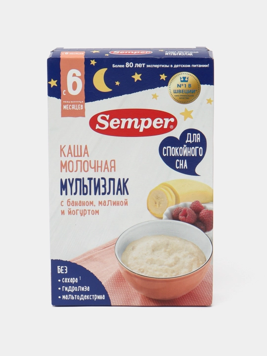 Ko'p donli sutli bo'tqasi Semper, banan, malina, yogurt, 9 oydan tinch uyqu uchun, 180 g