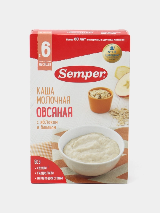 Sutli yorma bo'tqasi Semper, olma va banan bilan, shakarsiz, quruq, 6 oydan boshlab, 180 g