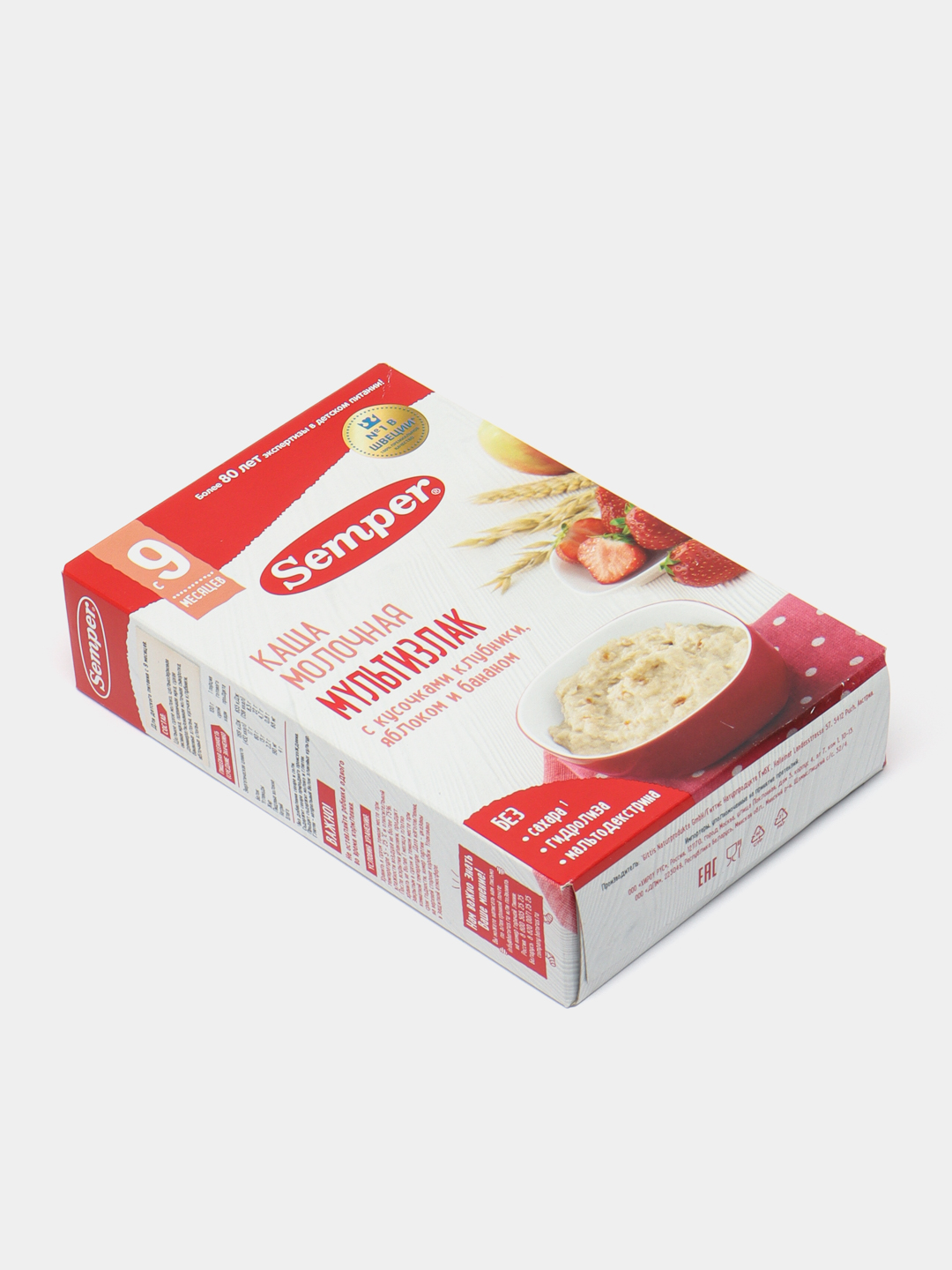 Sutli bo'tqa ko'p donli Semper, qulupnay bo'laklari, olma va banan, quruq, 9 m +, 180 g