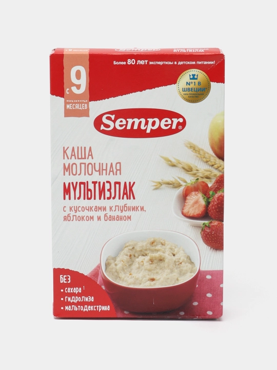 Sutli bo'tqa ko'p donli Semper, qulupnay bo'laklari, olma va banan, quruq, 9 m +, 180 g