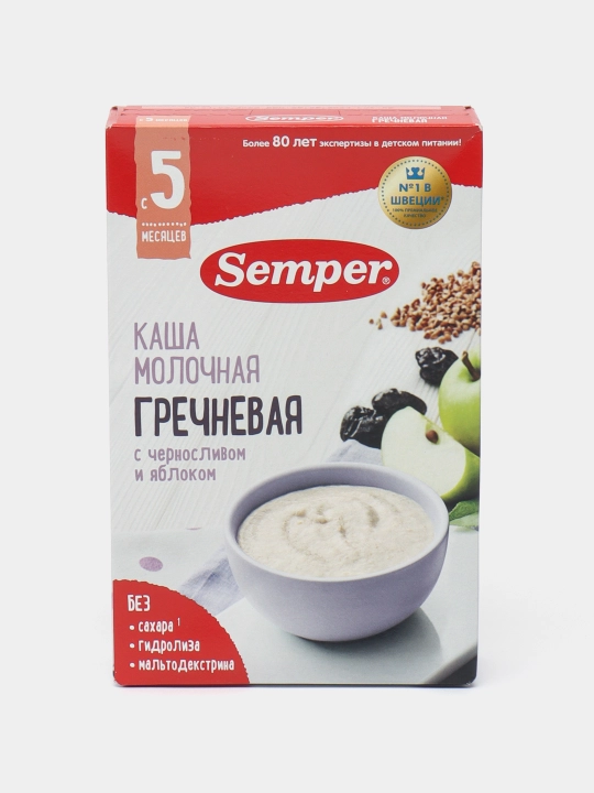 Каша молочная гречневая Semper, чернослив и яблоко, сухая, без сахара, с 5 месяцев, 180 гр - 