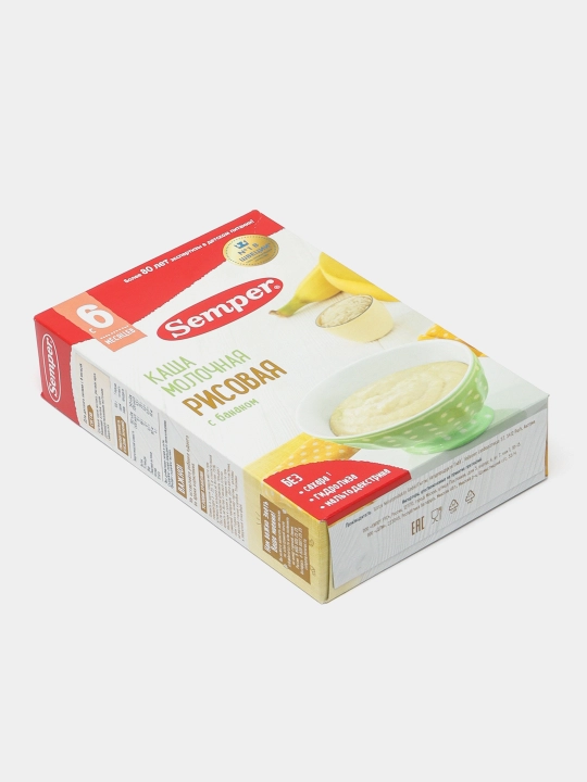 Semper chaqaloqlar sutli guruch bo'tqasi bananli, quruq, shakarsiz, 6 oylikdan 180 gr