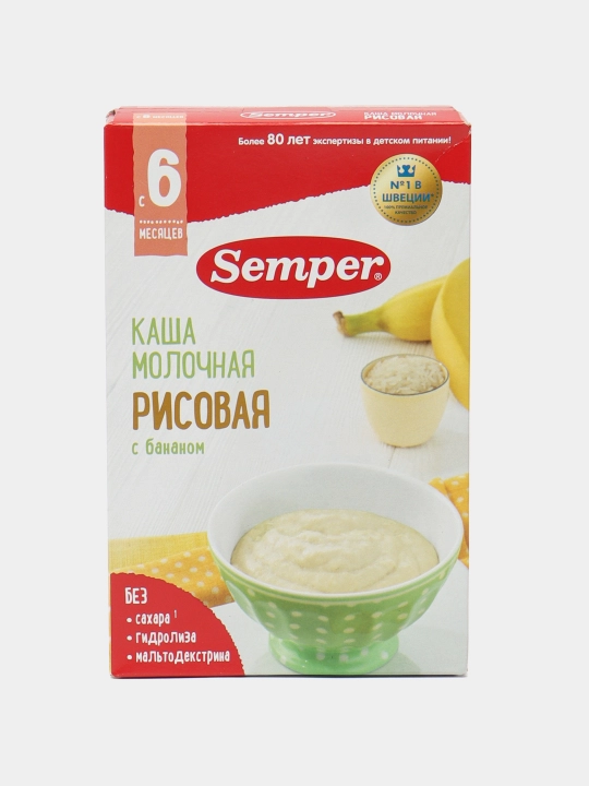 Semper chaqaloqlar sutli guruch bo'tqasi bananli, quruq, shakarsiz, 6 oylikdan 180 gr