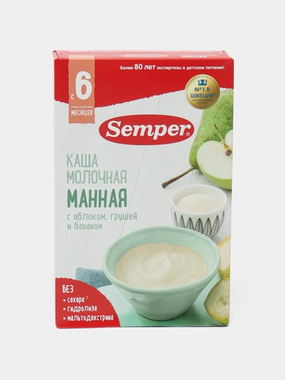 Semper каша молочная, манная, с яблоком, грушей и бананом, сухая, без сахара, 6 м+, 180 гр — SV-6985