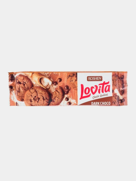 Yog'li pechenye Roshen Lovita Classic Cookies, kakao glazur bo'laklari bilan, 150 g
