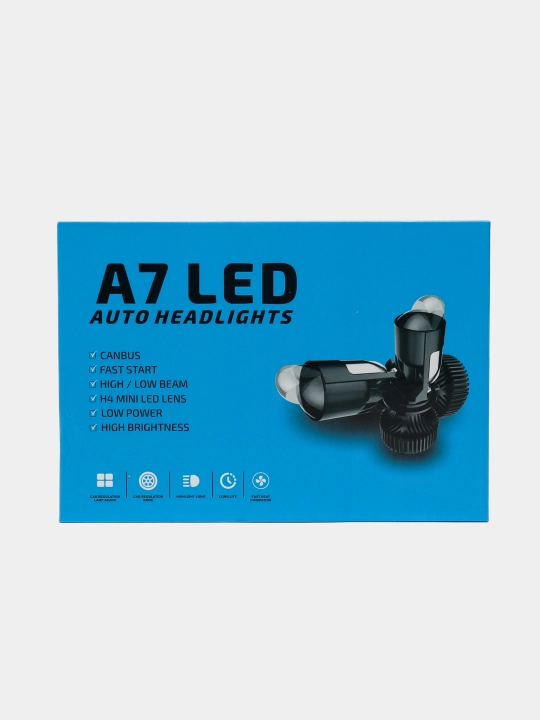 Svetidiod lampalar A7 LED, H4 linzasi bilan, 6000K, 2 dona, to'plamda himoya pardasi bilan