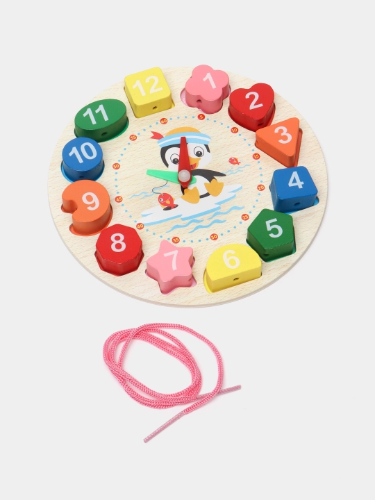 Yog'ochdan yasalgan saralovchi "Yoqimli pingvin", 3 tasi 1 da "Sorter, bog'lovchi, soat"
