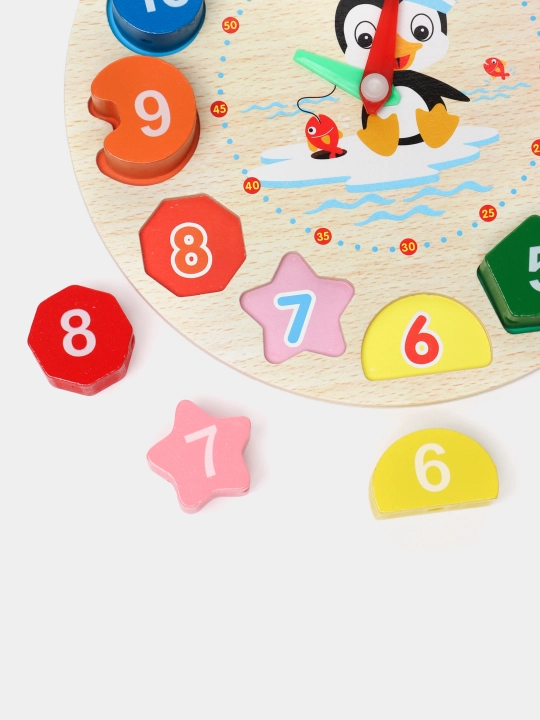 Yog'ochdan yasalgan saralovchi "Yoqimli pingvin", 3 tasi 1 da "Sorter, bog'lovchi, soat"