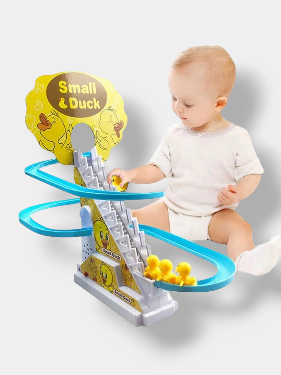 Игрушка трек лестница. Уточка поднимающаяся по лестнице. Track duck игрушка горка. Утята скатываются с горки игрушка. Трек пингвины игрушка.