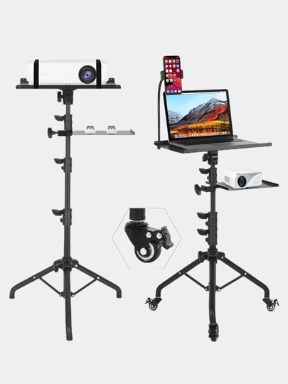 Laptop tripod, proyektor tokchasi, noutbuk, telefon ushlagichi bilan, g'ildiraklarda - 