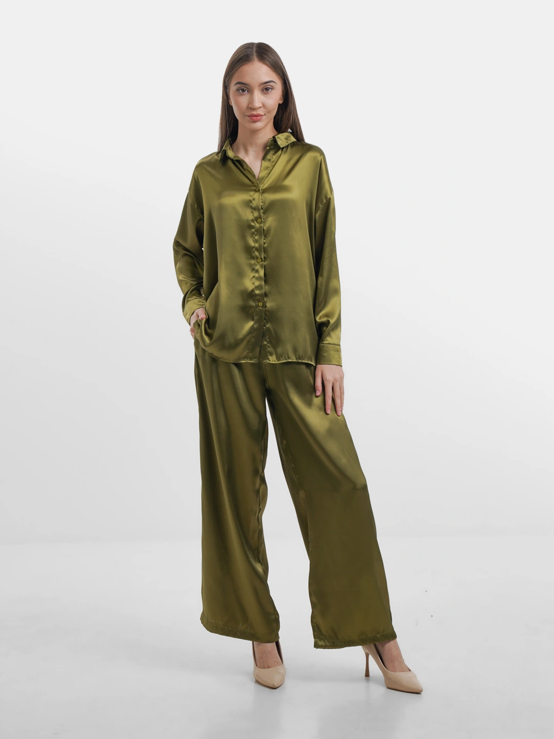 Женский комплект, рубашка и широкие штаны, сатиновый, атласный купить ...