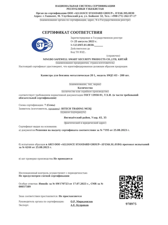 Канистра для бензина, с воронкой, 20 л