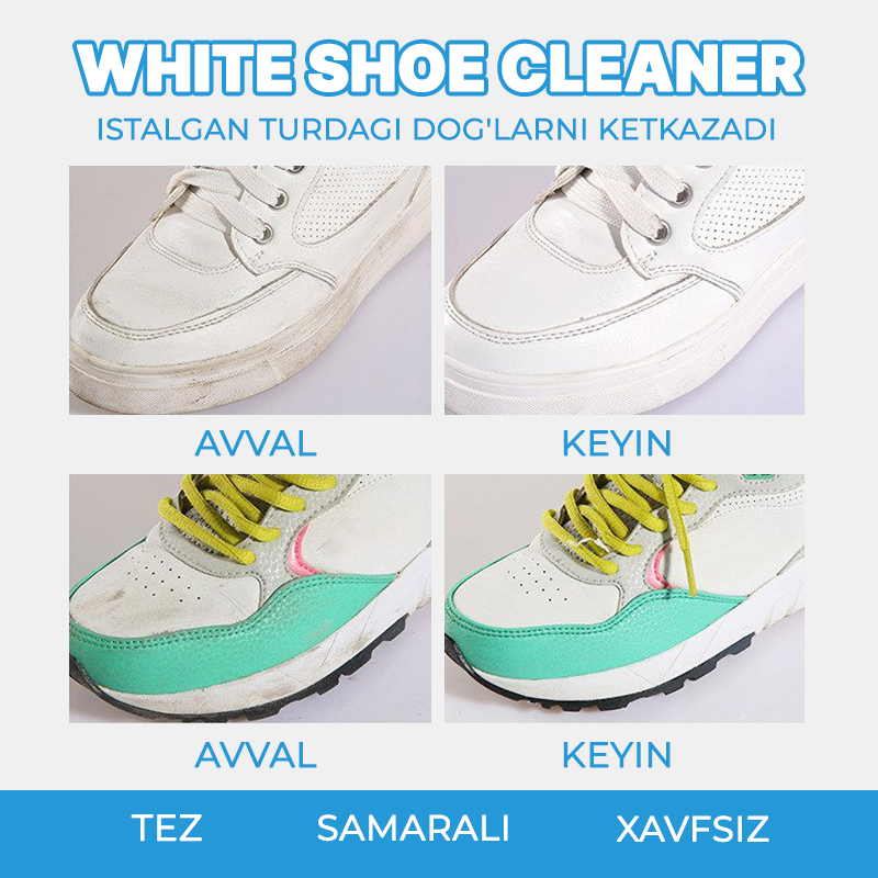 Oq poyafzalni tozalash uchun "White Shoe Cleaner" vositasi, to'plamida gubka bilan fotosurat