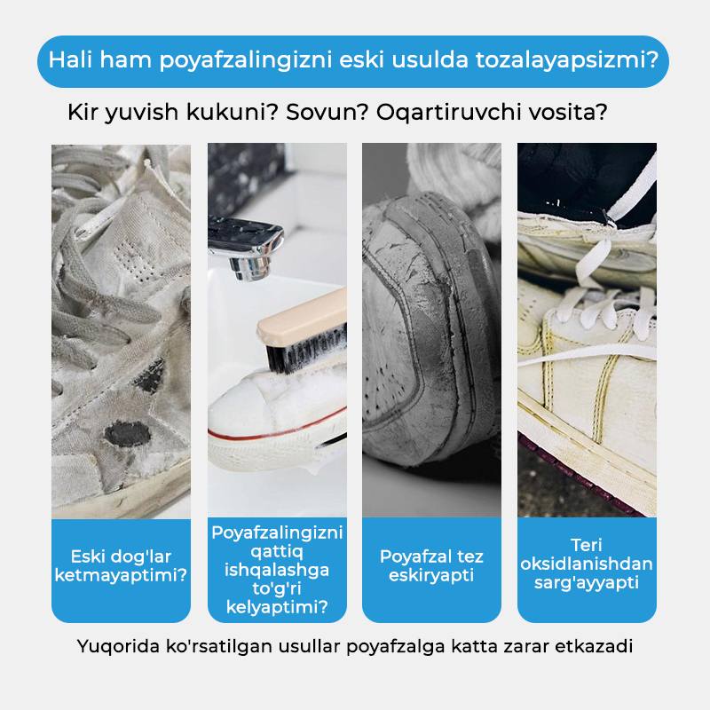 Oq poyafzalni tozalash uchun "White Shoe Cleaner" vositasi, to'plamida gubka bilan fotosurat