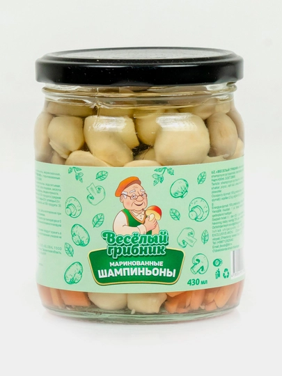 Грибы шампиньоны ВЕСЕЛЫЙ ГРИБНИК, маринованные, стеклобанки по 430 мл — FOODST-P00C60C