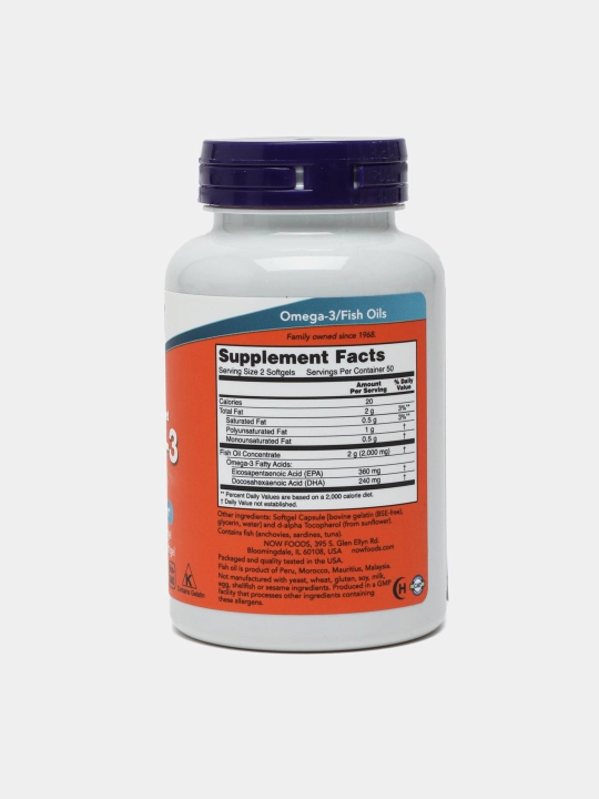 Baliq yog'i Now Foods, Omega-3, Fish Oil, 1000 mg, 100 kapsula