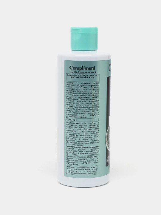 Sulfatsiz shampun BioBotanica glina 3 tasi 1 da, yog'li sochlar uchun, Compliment, 380 ml