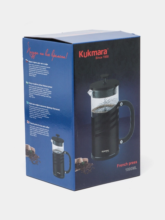 Kukmara shisha choynak, 1 litr – qora rangli french-press, choy va qahva uchun