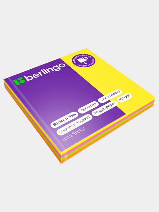 Самоклеящийся блок Berlingo "Ultra Sticky", 75 * 75 мм, 100 листов, 4 неоновых цвета - 