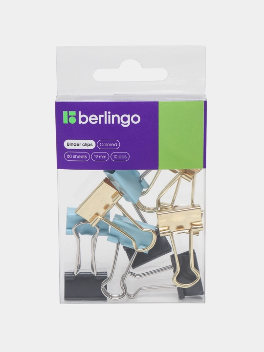 Зажимы для бумаг Berlingo, голубой/черный/золотой, 19 мм, 10 шт - 