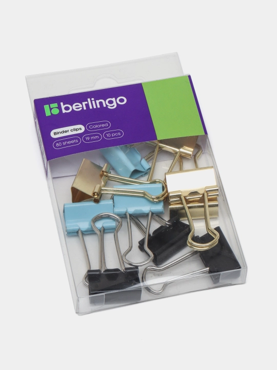 Зажимы для бумаг Berlingo, голубой/черный/золотой, 19 мм, 10 шт