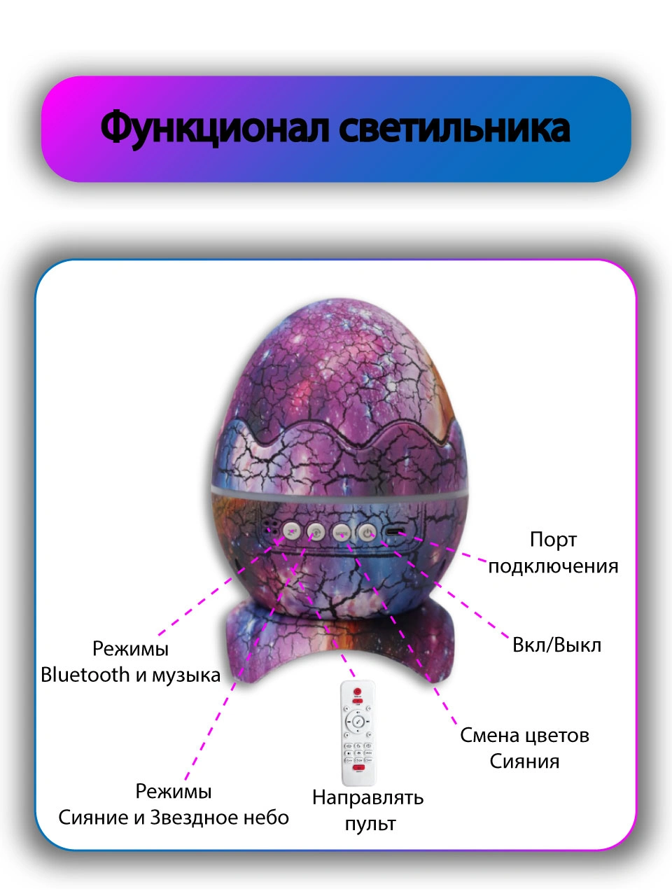 LED ночник-светильник, проектор звездного неба-Яйцо дракона с пультом и Bluetooth колонкой фото