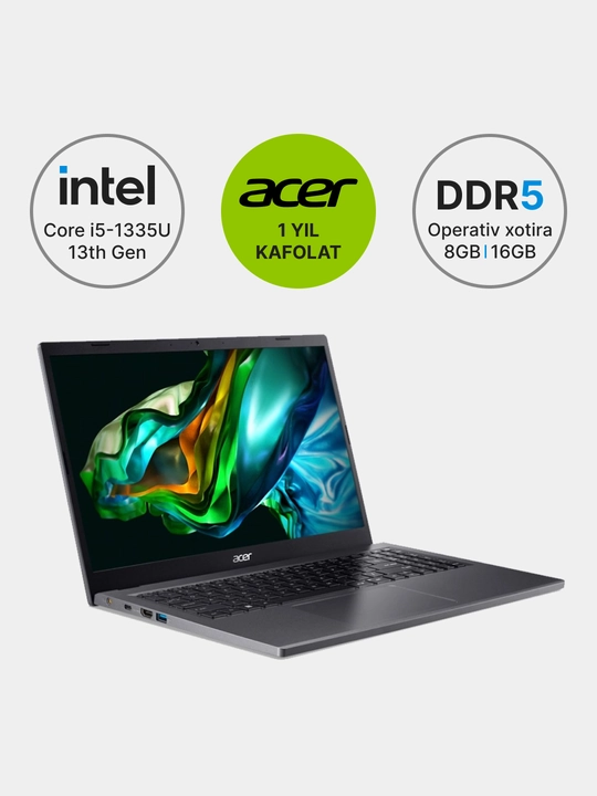 Ноутбук Acer Aspire 5 Intel Core I5-1335U DDR5 8/16 ГБ, 256/512 ГБ SSD FHD 15.6"