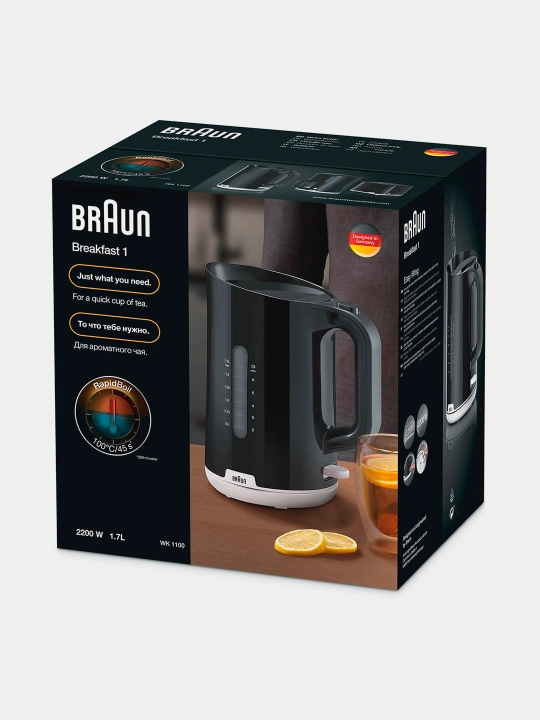 Braun Breakfast 1 WK1100BK elektr choynak, 1,7 l, 2200 Vt, filtr, avtomatik o‘chirish