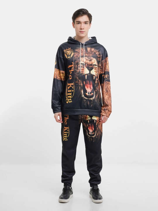 Комплект худи, утепленый, с принтом, оверсайз, унисекс, из микрофибры, с капюшоном