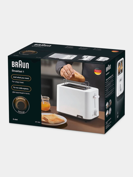 Braun Breakfast 1 HT1010WH toster, 900 Vt, 2 tost, 8 daraja, isitish va muzdan tushirish