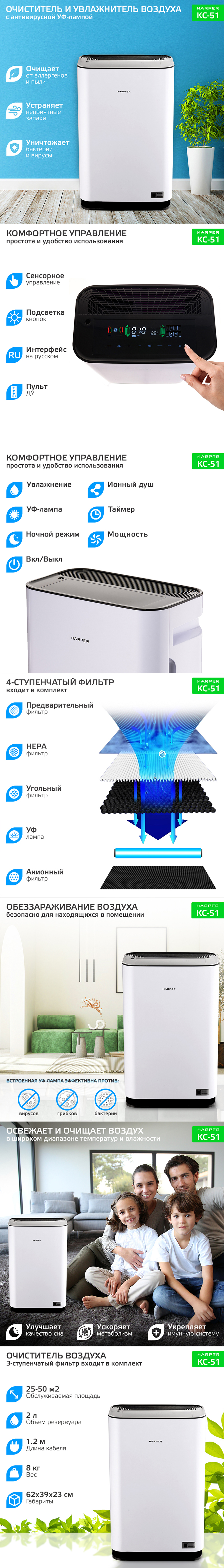 Очиститель-увлажнитель воздуха Harper 51, ионизатор воздуха и УФ лампа,  анионный фильтр купить по низким ценам в интернет-магазине Uzum (944188)