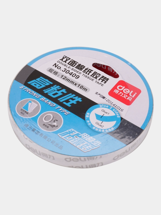 Ikki tomonlama yopishqoq lenta Deli 30409, 12 mm x 10 m
