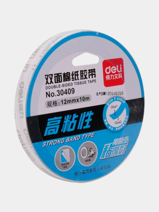 Ikki tomonlama yopishqoq lenta Deli 30409, 12 mm x 10 m