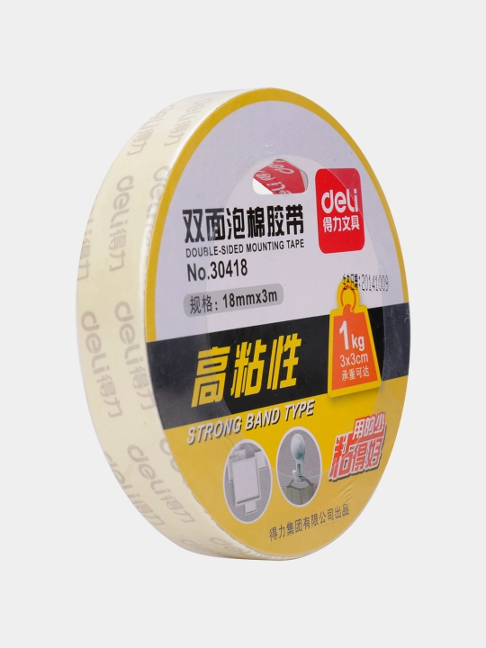 Ikki tomonlama ko'pikli yopishqoq lenta Deli 30418, 18 mm * 3 m