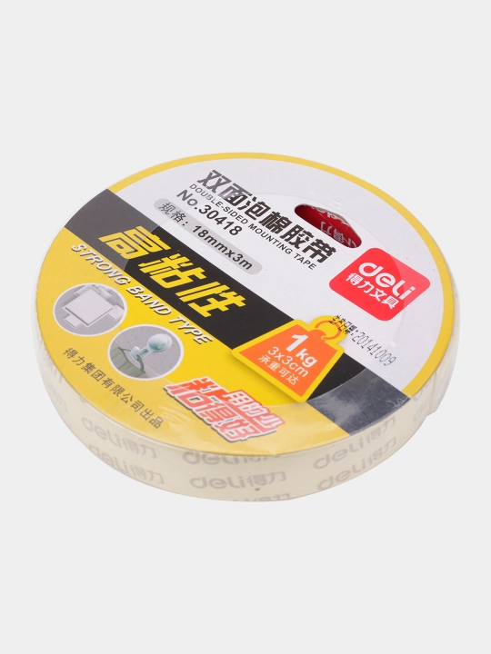 Ikki tomonlama ko'pikli yopishqoq lenta Deli 30418, 18 mm * 3 m