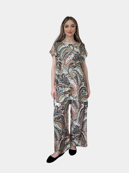 Ayollar kostyumi, oversize, tunika va shim, o‘lchami 46-52