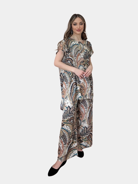 Ayollar kostyumi, oversize, tunika va shim, o‘lchami 46-52