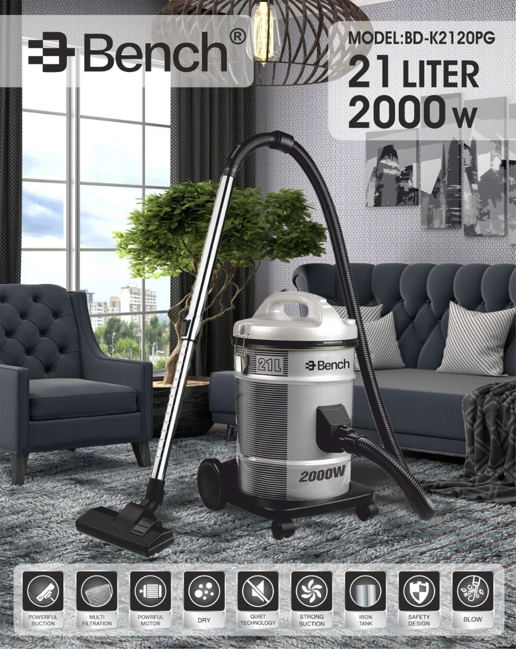 Барабанный пылесос BD-K2120PG, 2000 Вт, сухая уборка, ведро 21 л фото