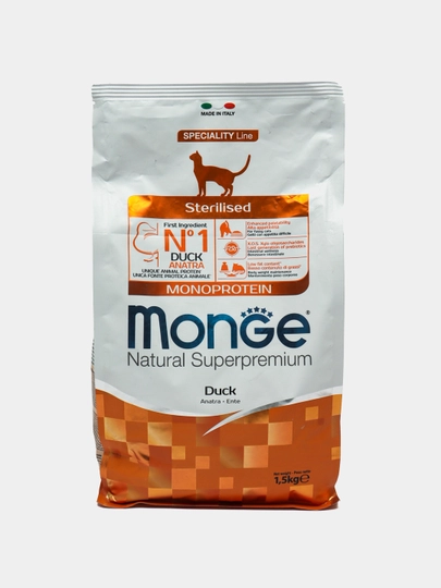 Сухой корм для стерилизованных взрослых котов всех пород Monge Cat, с уткой, 1.5 кг