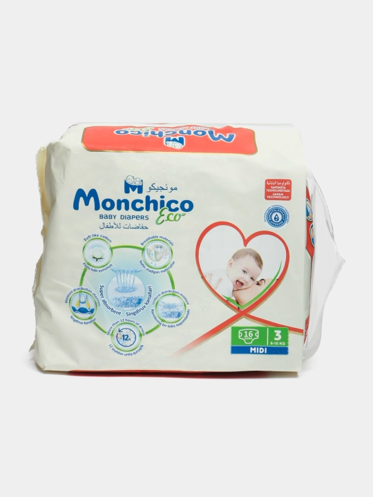 Monchico Eco+ tagliklar, 3-o'lcham, 6-10 kg, 16 dona