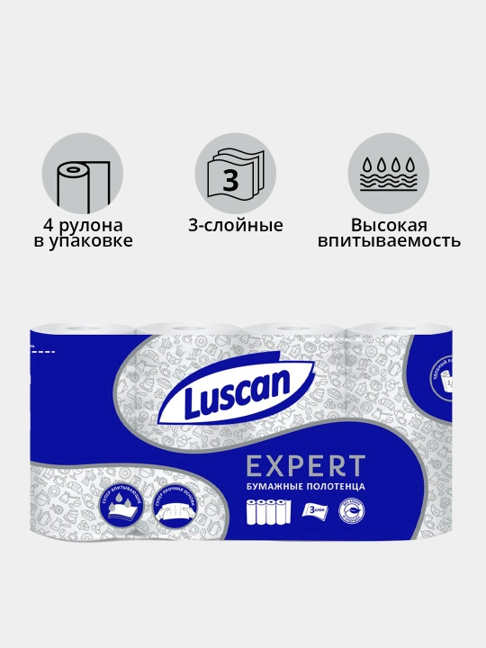 Qog'oz sochiqlar, Luscan Expert 3 qatlamli, oq, 4 rulon, 11.25 metr, qog'oz salfetka