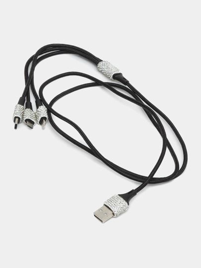 Зарядный провод тройной со стразами: MicroUSB / lightning / Type - C - 