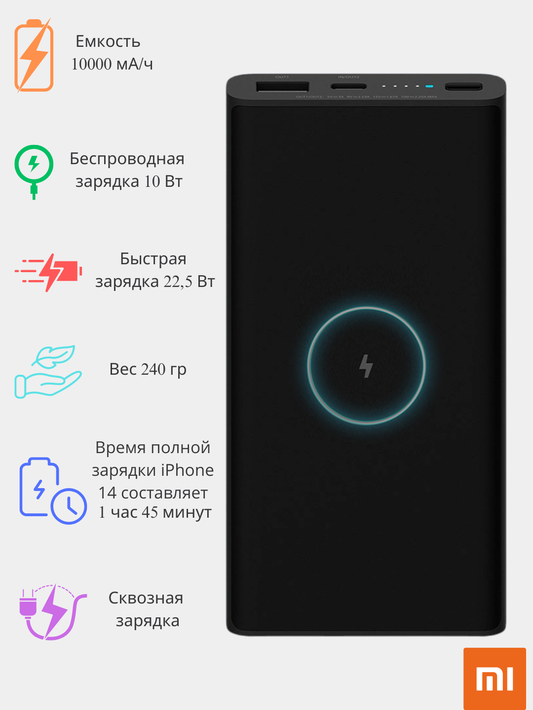 Внешний аккумулятор, беспроводной повербанк Xiaomi Mi 10000 мА/ч 22,5 Вт  купить по низким ценам в интернет-магазине Uzum (961956)