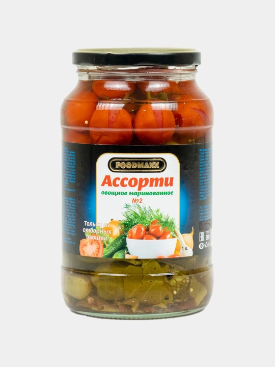 Marinadlangan assorti №2 (bodring, pomidor), shisha idishlarda 1 litrdan - 