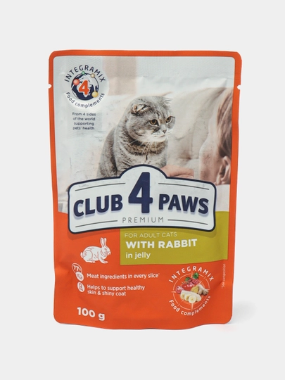 Влажный корм Club 4 Paws для взрослых кошек, кролик в желе, 100 г, 24 шт