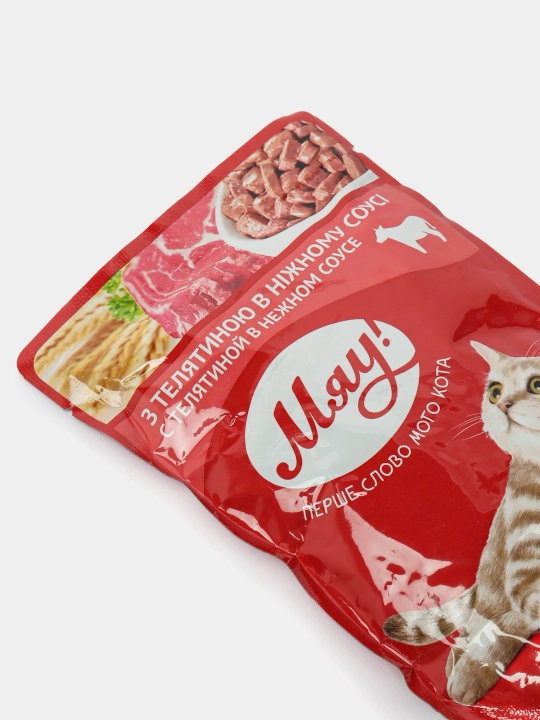 Nam ovqat Мяу kattalar mushuklari uchun "yumshoq sousda dana" 100 g, 24 dona