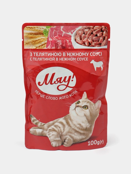 Nam ovqat Мяу kattalar mushuklari uchun "yumshoq sousda dana" 100 g, 24 dona