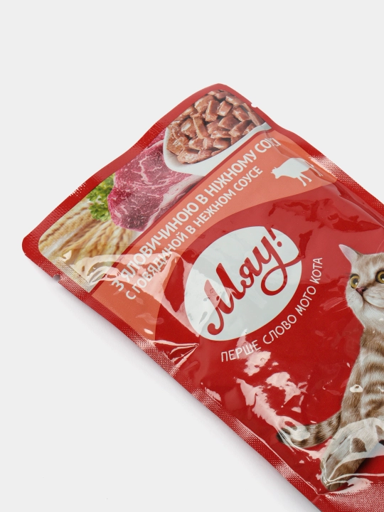Nam ovqat Myau, kattalar mushuklari uchun, yumshoq sousdagi mol go'shti, 100 g, 24 dona