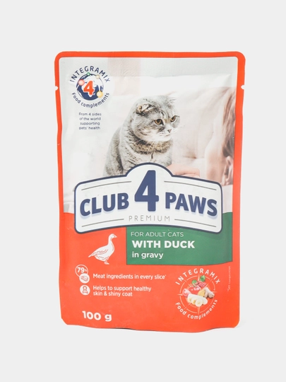 Влажный корм Club 4 Paws для взрослых кошек, кусочки утки в соусе, 100 г, 24 шт